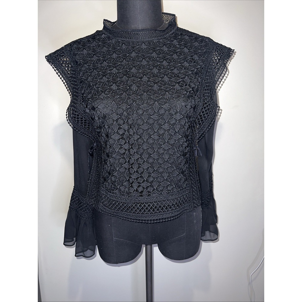 Gracia Black Blouse Medium Chiffon W/ Lace Overlay Side Ties Whimsigoth